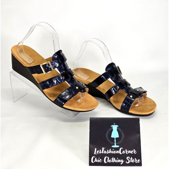 Vionic Women's Radia Blue Patent Leather Croc Print Wedge Sandals Size 9 2128 - Picture 4 of 15